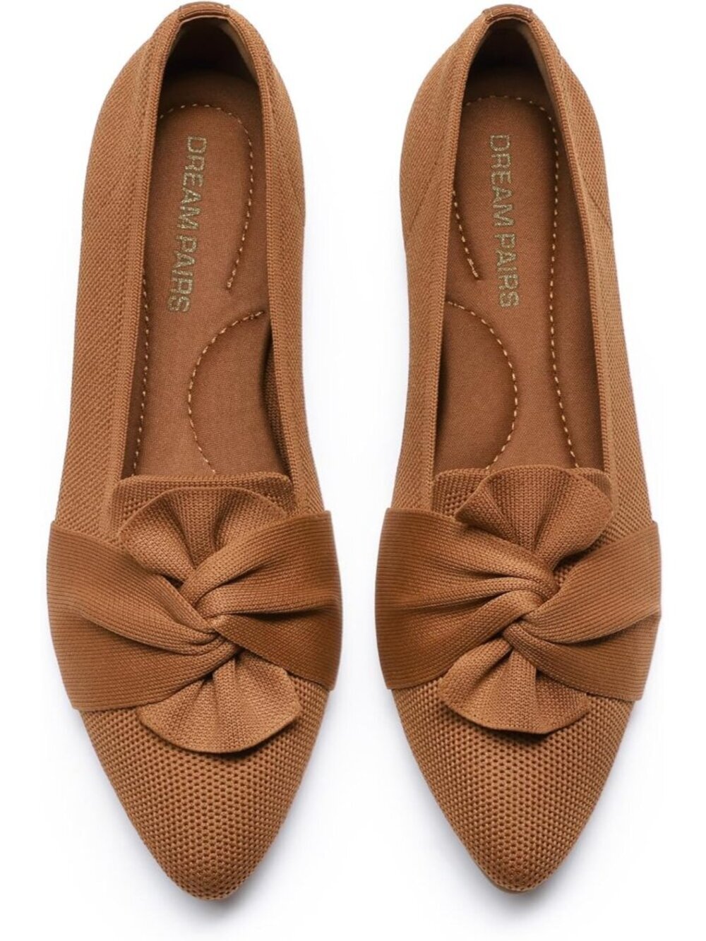 Women's Brown Comfortable Pointed Toe Knit Ballet Flats with Bow Foldable Shoes